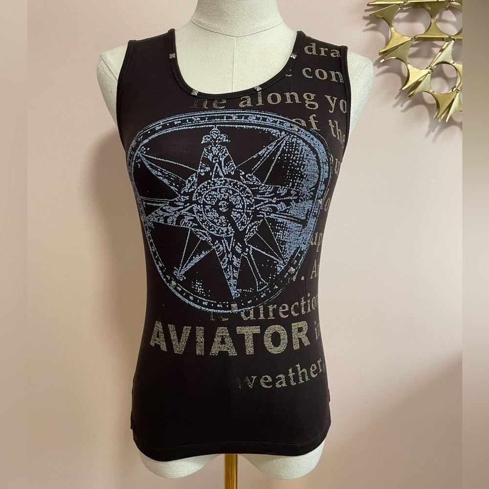 LUISA CERANO Black sleeveless tank top w/ compass AVIATOR graphic & Studs. - Picture 2 of 9